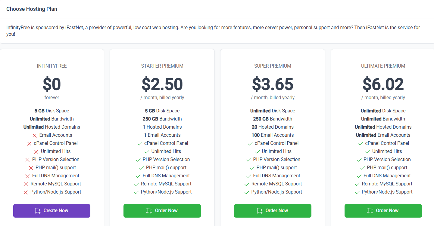 infinity pricing page